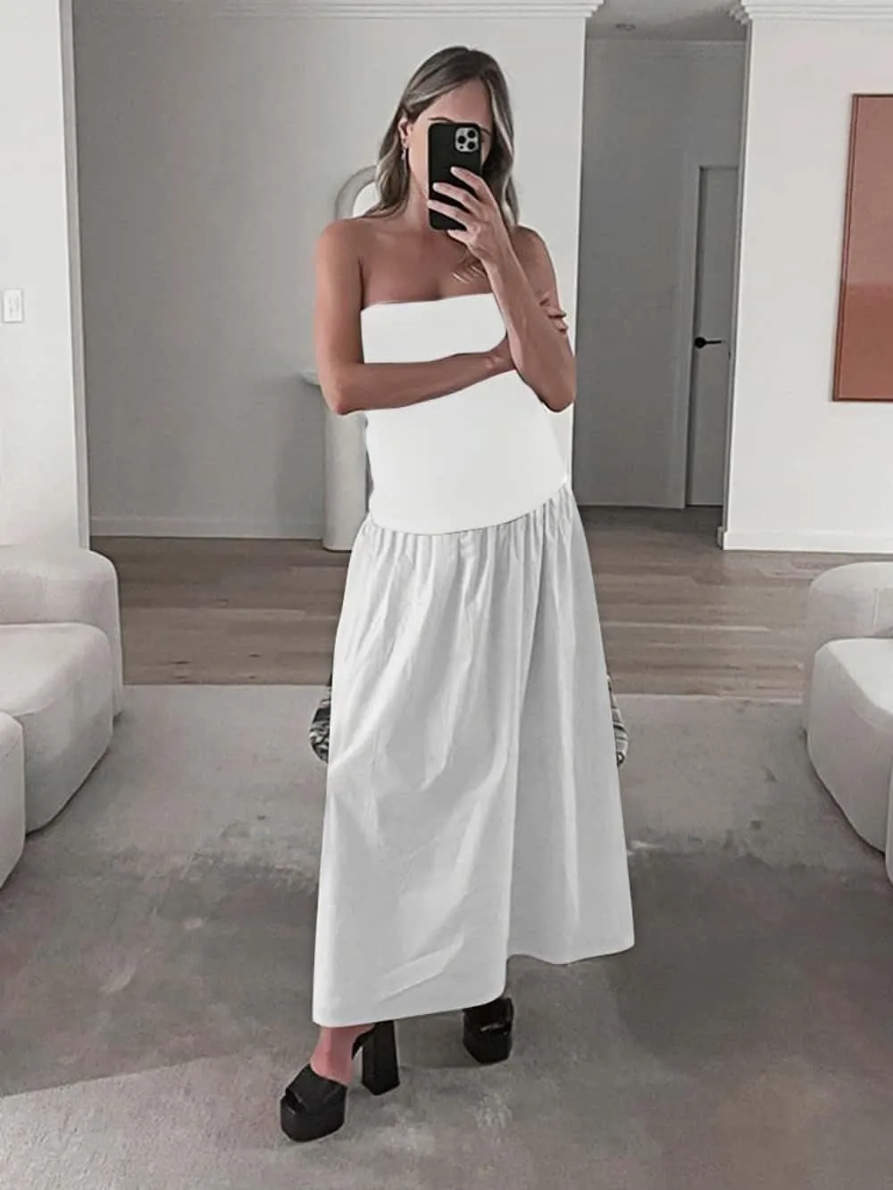 YOXUA Women's Summer Strapless Sleeveless Patchwork A-Line Tube Long Maxi Dress Off Shoulder Beach Maxi Dress