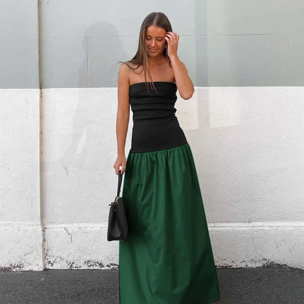 YOXUA Women's Summer Strapless Sleeveless Patchwork A-Line Tube Long Maxi Dress Off Shoulder Beach Maxi Dress