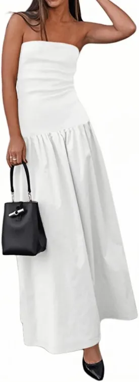 YOXUA Women's Summer Strapless Sleeveless Patchwork A-Line Tube Long Maxi Dress Off Shoulder Beach Maxi Dress