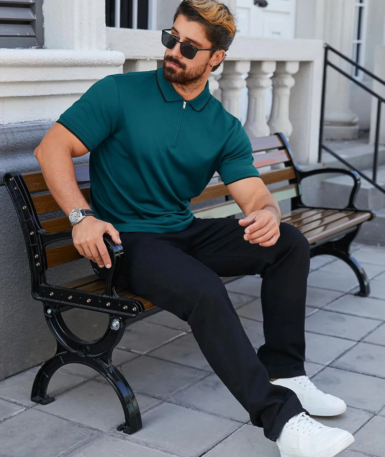 ZITY Mens Quarter Zip Polo Shirts Casual Classic Short Sleeve Contrast Collar Polo T Shirts