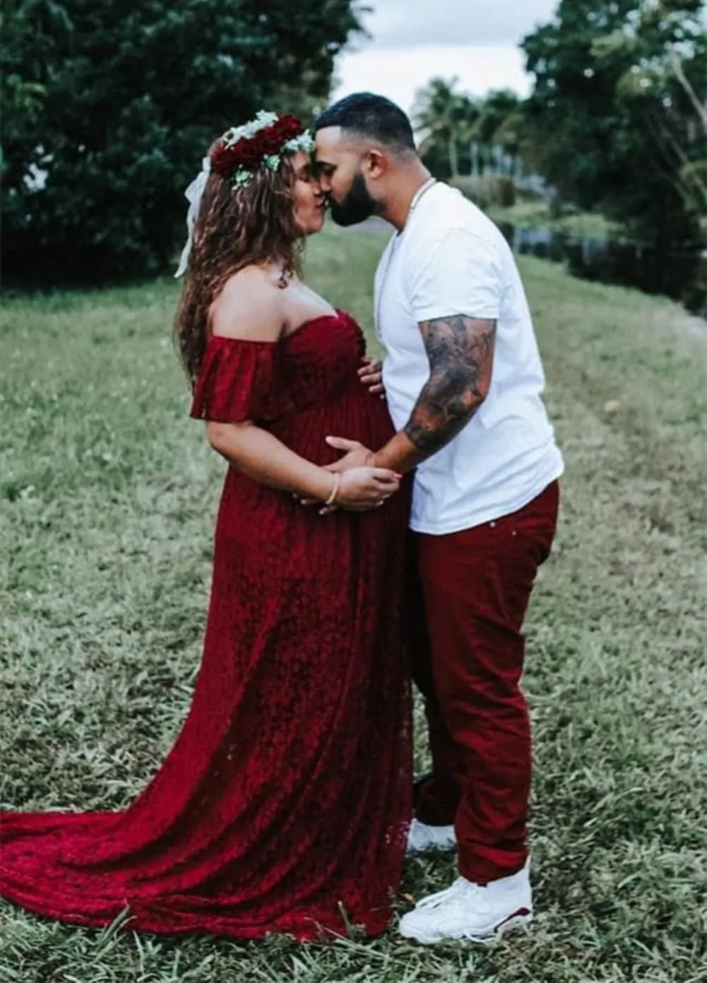 ZIUMUDY Photography Maternity Dress Off Shoulder Lace Baby Shower Pregnant Wedding Dress