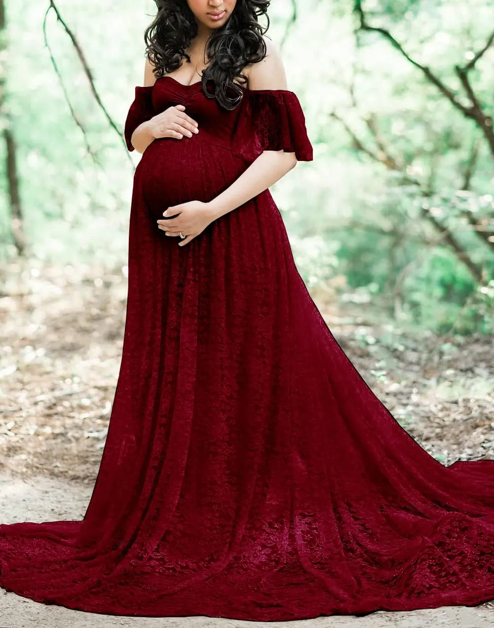 ZIUMUDY Photography Maternity Dress Off Shoulder Lace Baby Shower Pregnant Wedding Dress